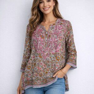 Dolma Silk Floral Embroidered Tunic Top Boho India Pink Print S Lightweight